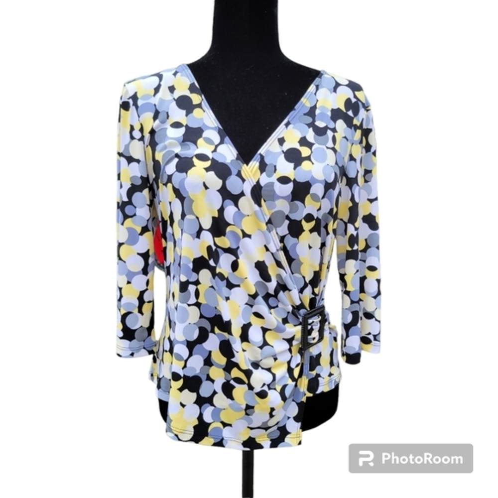 I.N. Studio Womens Flattering V-Neck, Blouse w/‎ Circles Pattern Size L